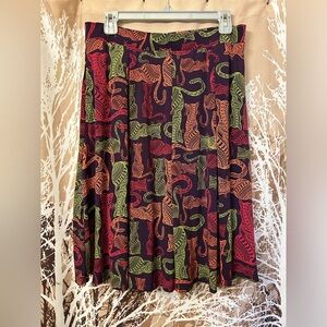 LuLaRoe Large Madison A-Line Skirt with Red, Orange, and Green Cat Pattern
